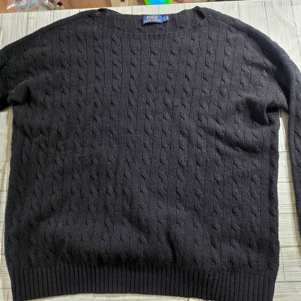 Polo Ralph Lauren Mens Black Merino Wool Cashmere Cable Knit Sweater Large L